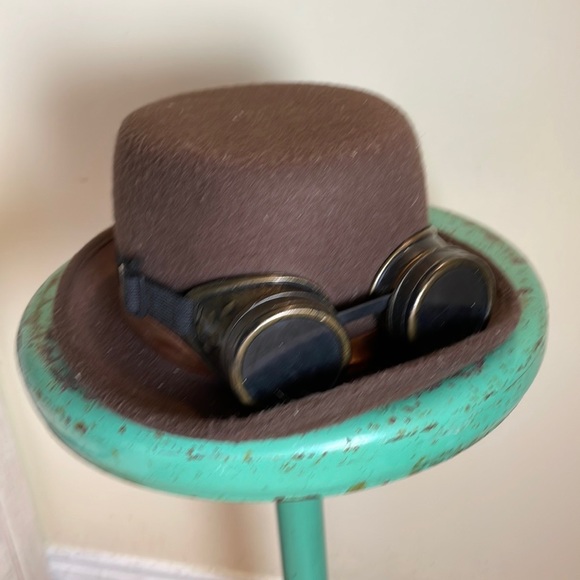 Steam Punk felt hat with goggles brown one size Halloween or concert - Picture 4 of 6
